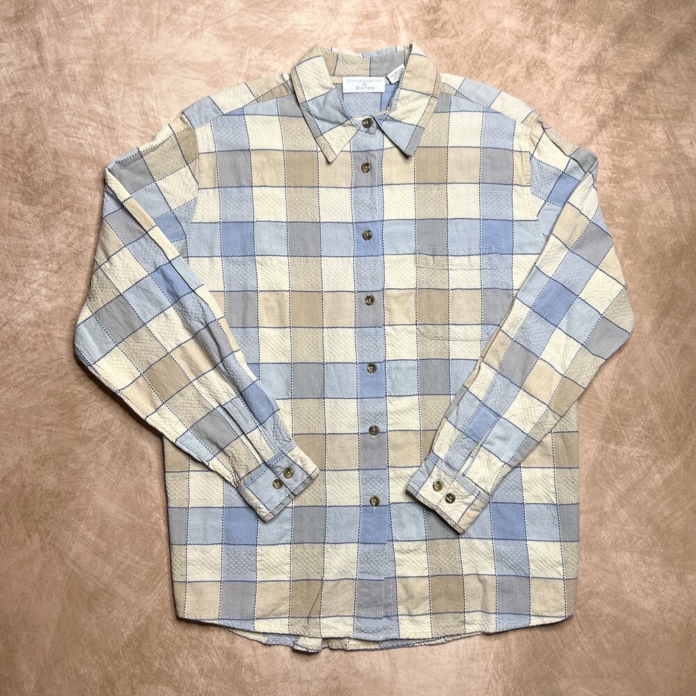 Vintage 90s Christopher & Banks Checkered Button Up Shirt Blue White Tan Western